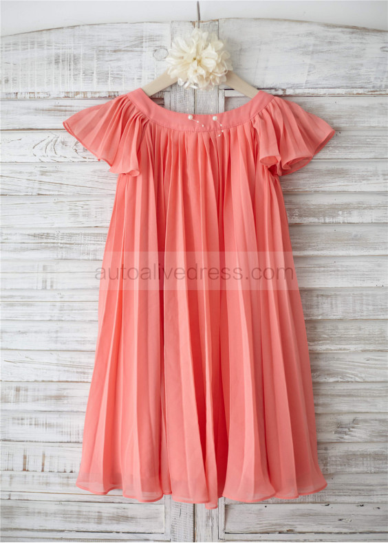 Coral Pleated Chiffon Knee Length Flower Girl Dress